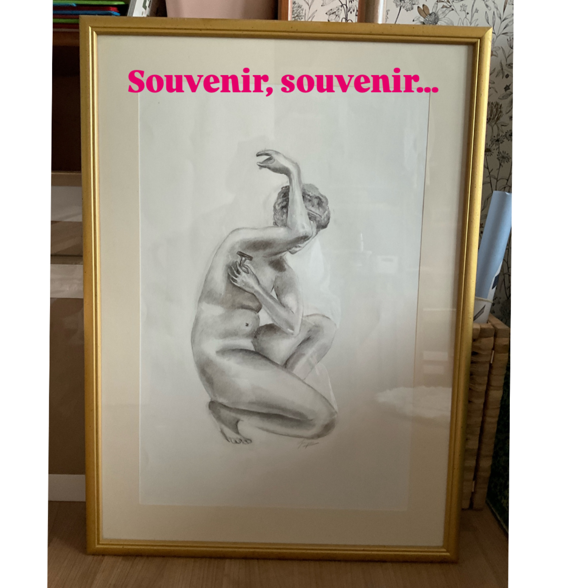 dessin académique au crayon graphite d'une Vénus se lavant. Détail humoristique : elle tient un rasoir pour s'épiler.