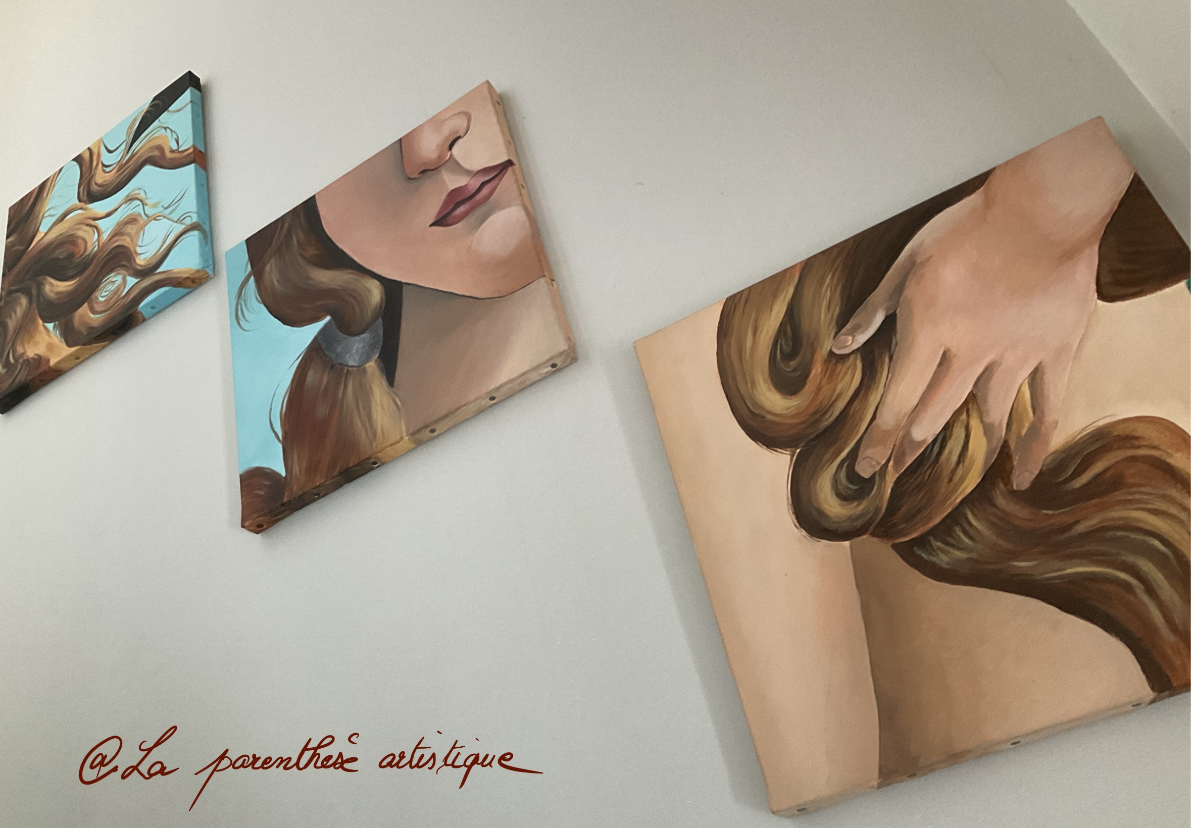 3 tableaux à l'acrylique peint par Emilie, représentant 3 détails de la Vénus sortant des eaux de Botticelli