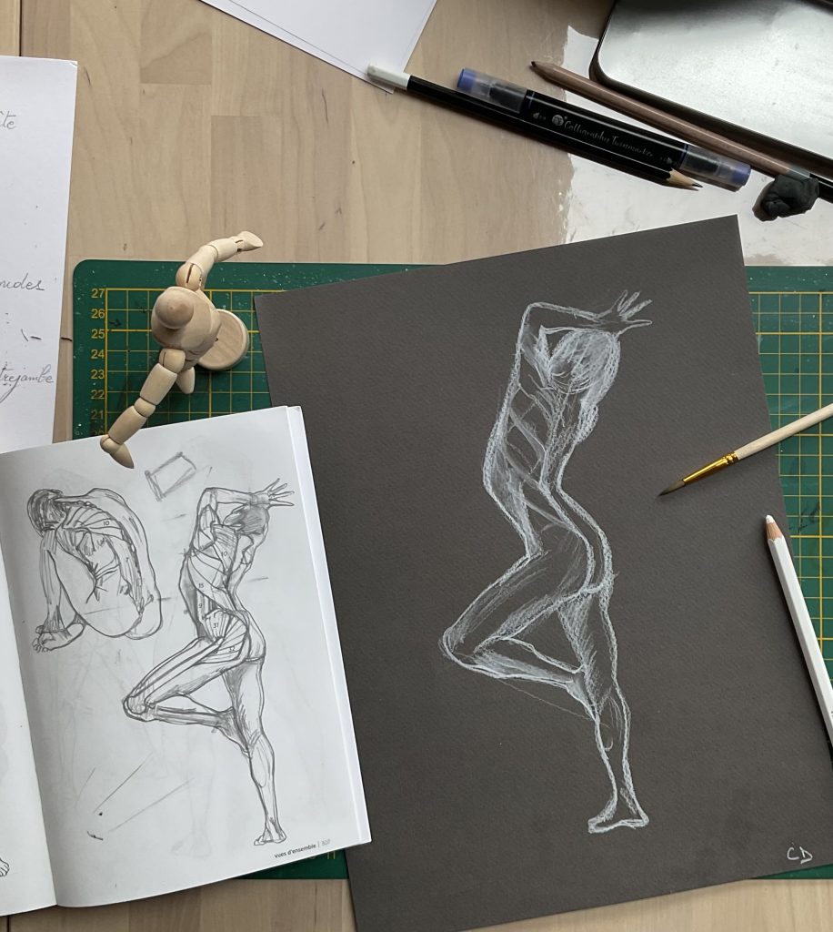 dessin anatomique canson noire et crayon blanc