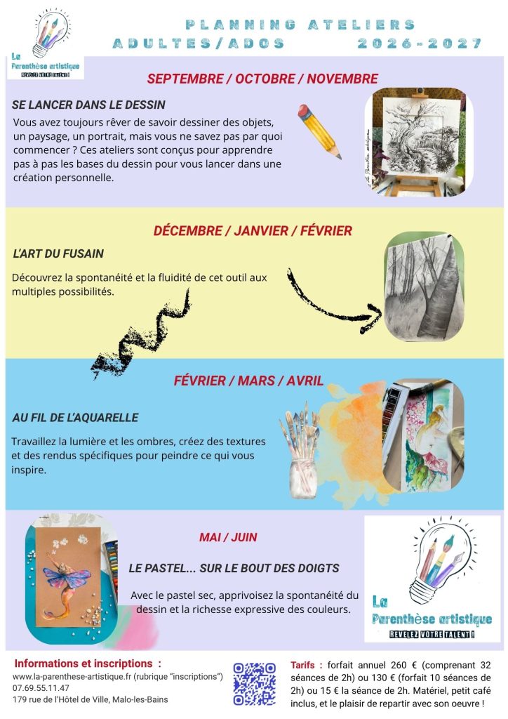 planning adultes et ados La Parenthèse artistique pour 2026-2027 programme par cycles : les bases du dessin, le pastel, l'aquarelle et le fusain