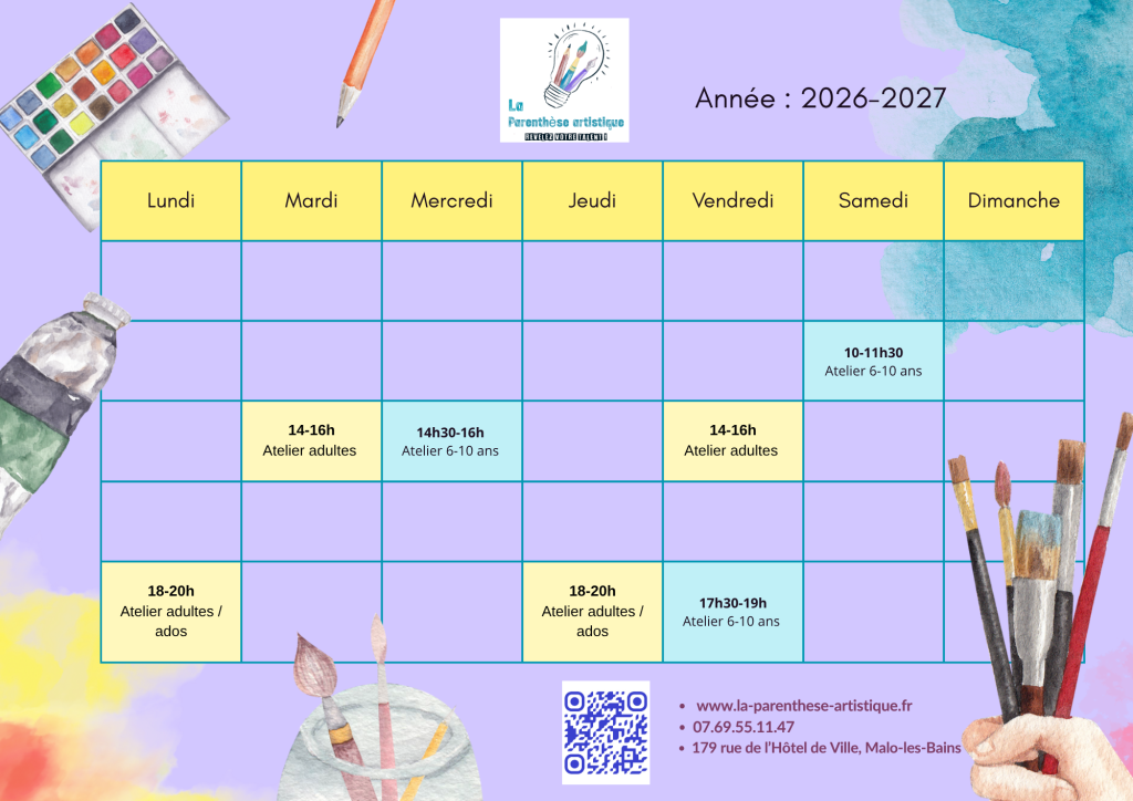 planning hebdomadaire des ateliers adultes et enfants 2026-2027