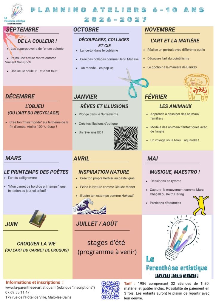 planning enfants 6-10 ans pour 2026-2027 à la Parenthèse artistique : ateliers de dessin et de peinture selon des thèmes différents chaque mois