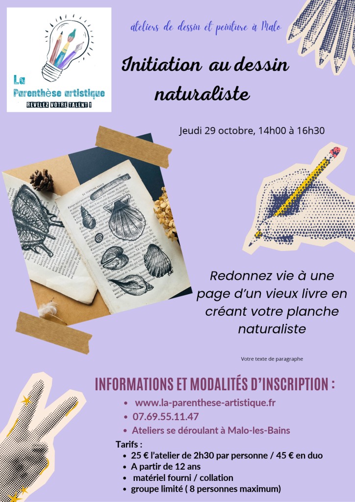 affiche présentant un atelier dessin naturaliste à la parenthèse artistique le jeudi 29 octobre 2026